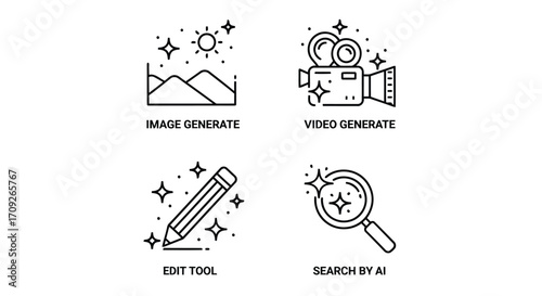 Vector illustration of aipowered tools icons representing image and video generation, edit tool, and search by ai for creative tasks