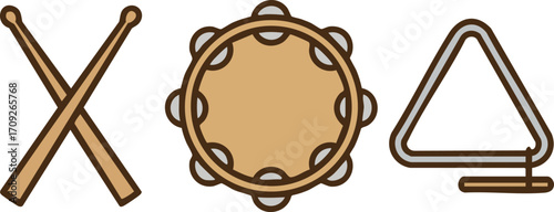 Percussion strip with crossed drumsticks tambourine and triangle