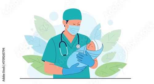 Adobe illustrator artwork vector illustration. A masked doctor or nurse wearing a stethoscope and gloves holds a sleeping newborn baby, surrounded by soft foliage