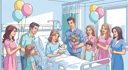 Adobe illustrator artwork vector illustration. A joyful family celebrates a newborn baby with balloons and flowers at the mother's hospital bedside