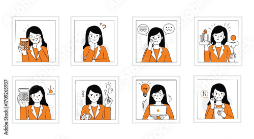 Businesswoman showing diverse emotions related to finance, problem solving, and creative thinking
