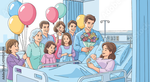Adobe illustrator artwork vector illustration. A joyful family celebrates a newborn baby with balloons and flowers at the mother's hospital bedside