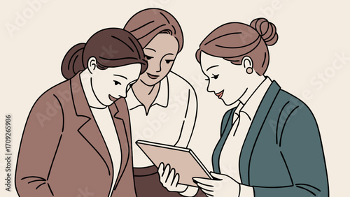 Three businesswomen collaborating on a tablet teamwork concept illustration.