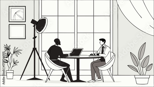 Two colleagues having a meeting at a round table with laptop indoor office scene black and white illustration.