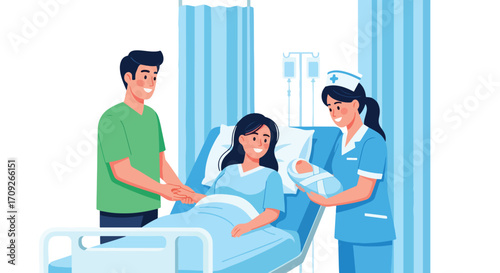 Adobe illustrator artwork vector illustration. A caring nurse hands a swaddled newborn baby to the smiling new parents at a hospital bedside