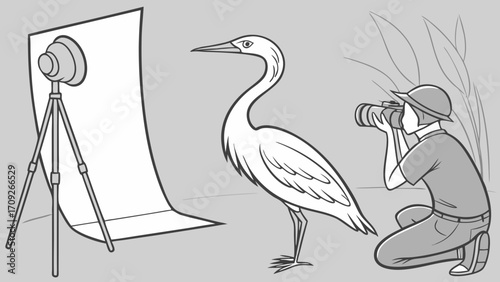 Wildlife Photography Session Bird and Photographer Illustration.