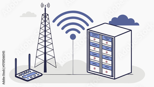 Wireless Network Infrastructure Telecommunication Tower Data Center Server Rack Router Internet Connection Digital Technology Wireless Communication Network Security Data Transmission I.