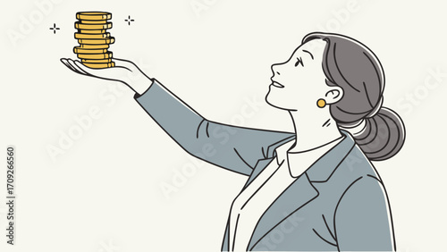 Woman admiring a stack of coins financial success wealth prosperity illustration.