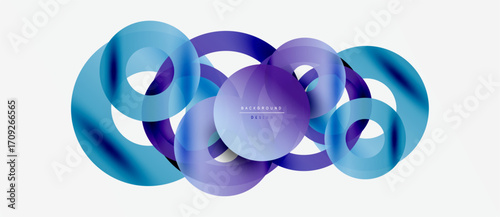 Abstract design features overlapping circles, vibrant blue, purple hues. Modern aesthetic, smooth gradients create dynamic visual impact.