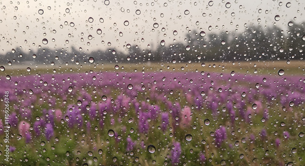 Obraz premium Purple wildflowers viewed through rain