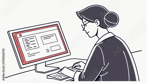 Woman working on computer office worker data entry business illustration digital workspace typing desk job person using computer computer screen keyboard online work modern workplace.