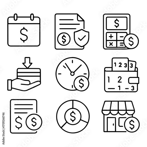 Simple Line Icons Representing Financial Management Tools.