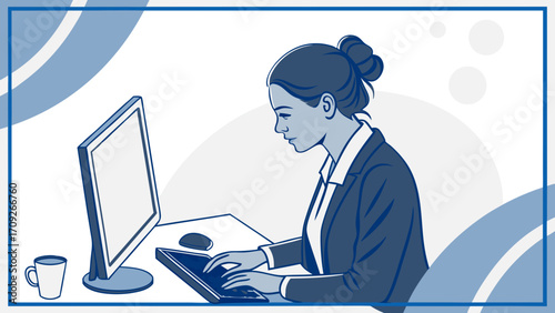 Woman working on computer office worker desk job blue color scheme professional business modern illustration graphic design vector art minimalistic style clean design simple illustrati.