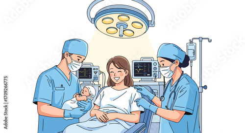 Adobe illustrator artwork vector illustration. A joyful parent smiles from a hospital bed after a C-section, as medical staff attend to her newborn baby in a sterile operating room setting