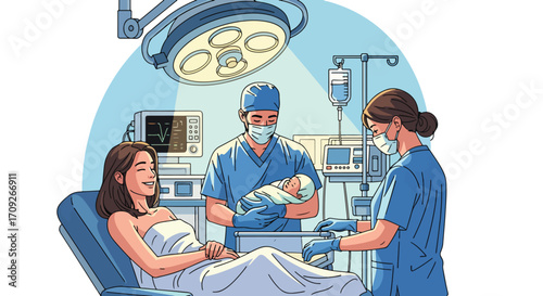 Adobe illustrator artwork vector illustration. A joyful parent smiles from a hospital bed after a C-section, as medical staff attend to her newborn baby in a sterile operating room setting