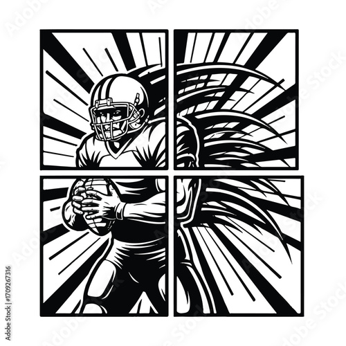 A dynamic black and white illustration of an American football player in action, depicted in a four-panel graphic.