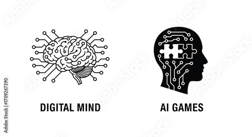 Vector illustration of digital mind and ai games icons artificial intelligence and machine learning in digital technology