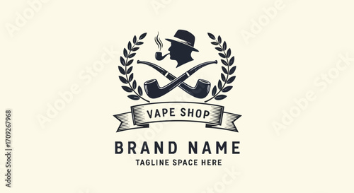 Classic vape shop logo design featuring gentleman silhouette and pipes, perfect for branding