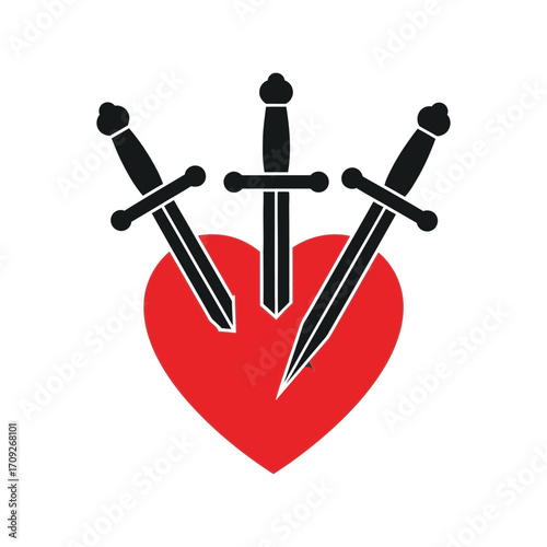 Three swords piercing red heart symbol love pain heartbreak danger symbol vector