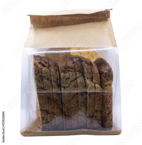 Sliced wheat sesame bread in paper and plastic packaging isolated on background