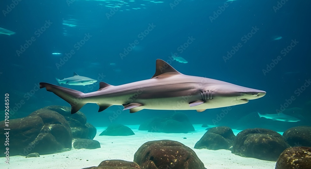 Fototapeta premium A graceful shark glides through a serene underwater world, showcasing its sleek form against a backdrop of tranquil aquatic rocks.