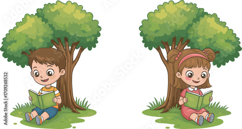 Cute boy and girl reading books under tree illustration in cartoon style for education learning concept children study outdoor vector