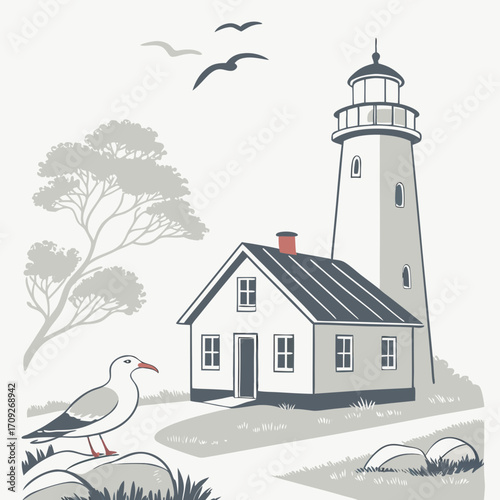 Charming coastal scene featuring a quaint lighthouse and seagull, evoking seaside tranquility