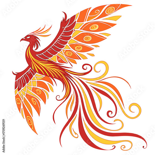 Fiery phoenix soars with vibrant wings, a symbol of rebirth and transformation, bold graphic art