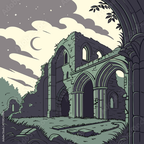 Haunting ruins under a dreamy moonlit sky, perfect for fantasy novels and gothic illustrations