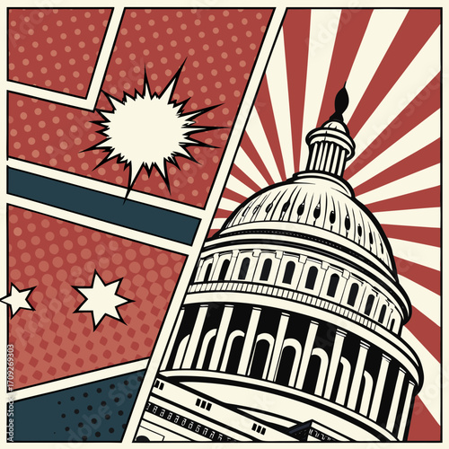 Striking pop art style illustration of the United States Capitol building for patriotic themes