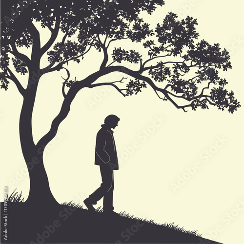 Thoughtful silhouette of a man strolling under a tree offering shade and a moment of reflection