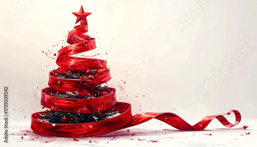 Dynamic christmas tree formed by red ribbon swirls