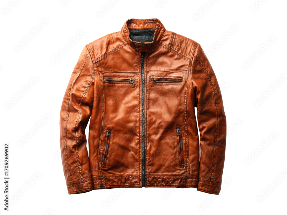 Naklejka premium Brown leather jacket with zipper pockets and stand collar clothing fashion, Isolated, Png Transparent Background
