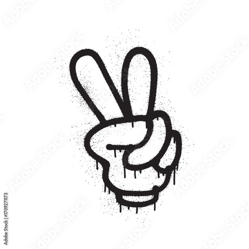 Black and white graphic of a hand making a peace sign, with a spray paint effect.