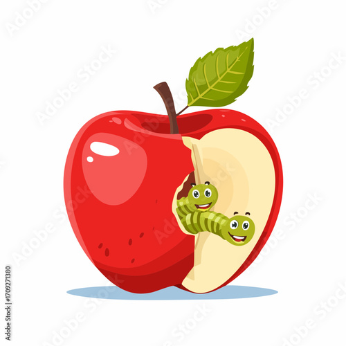 A vibrant red apple with a bite taken out, revealing two smiling cartoon worms.