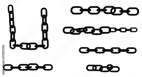 Simple black and white illustration depicting various chain link arrangements