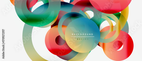 Abstract colorful shapes overlap, creating dynamic modern background. Smooth gradients, circles, curves define design elements.