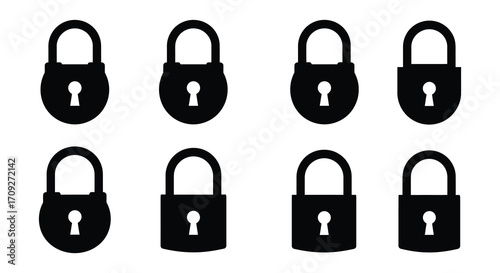 Eight black padlock icons arranged in a grid pattern on white background