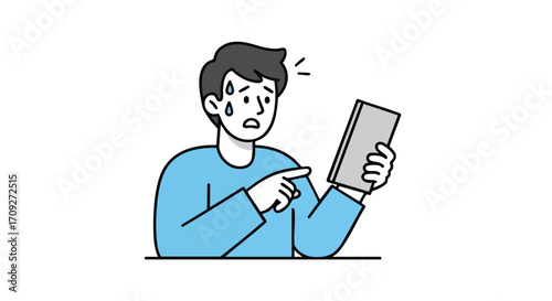 Stressed man pointing at phone screen, sweating and looking worried about urgent notification