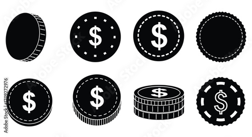 Black and white illustrations depicting various casino chips and coin designs