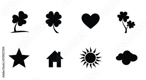 Simple black silhouette icons depicting luck love and nature elements