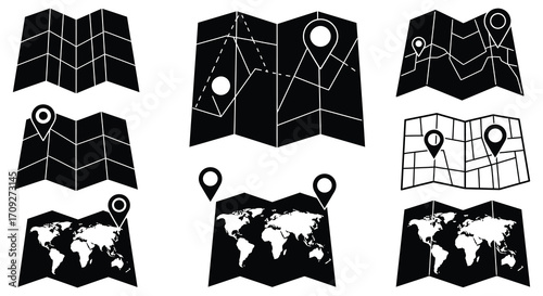 Black and white map icons with location pins travel and direction