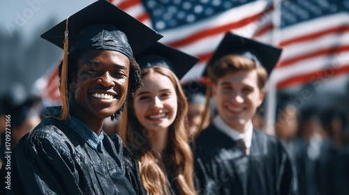 Portrait of a group of smiling laughing happy international graduate students standing in a row with hands up in a university graduate gown and holding