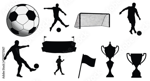 Silhouette collection depicting soccer elements like ball goal players and trophies