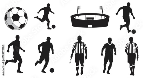 A collection of silhouettes depicting soccer players and related elements