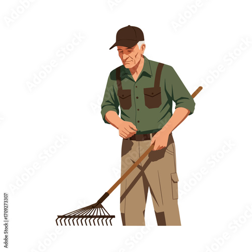 Vector Farmer Illustration | Agricultural Worker with Rake, Flat Minimalist Design, White Background