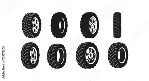 Black and white illustration depicting a variety of tire designs and views