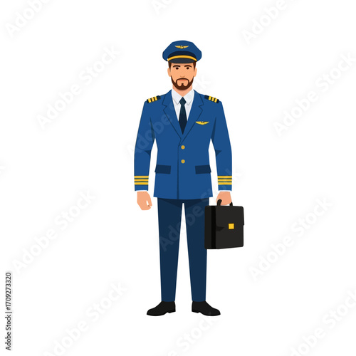 Vector Pilot Illustration | Airline Captain in Uniform with Briefcase, Flat Minimalist Design, White Background