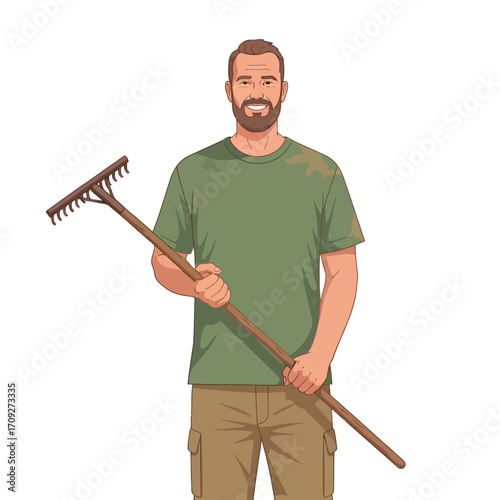 Vector Farmer Illustration | Agricultural Worker with Rake, Flat Minimalist Design, White Background