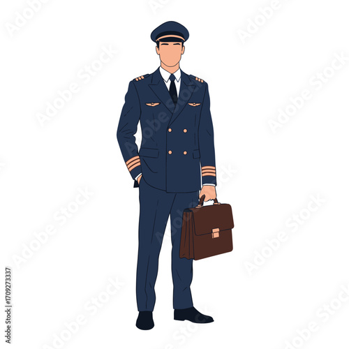 Vector Pilot Illustration | Airline Captain in Uniform with Briefcase, Flat Minimalist Design, White Background